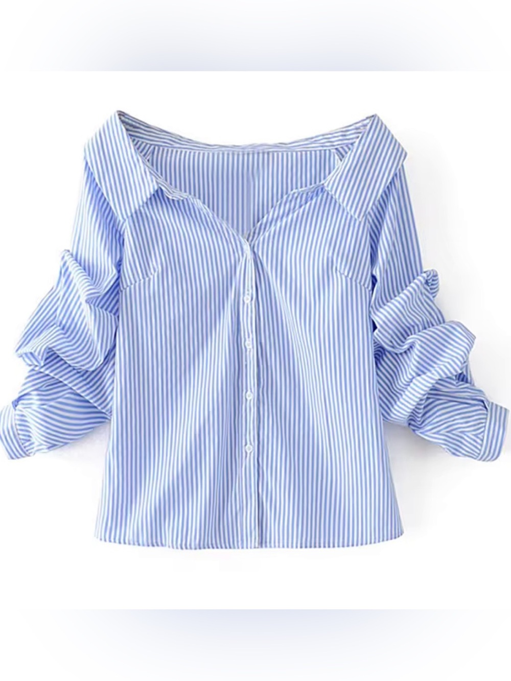 NWOT Light Blue & White Striped Off-Shoulder Button-Front Top